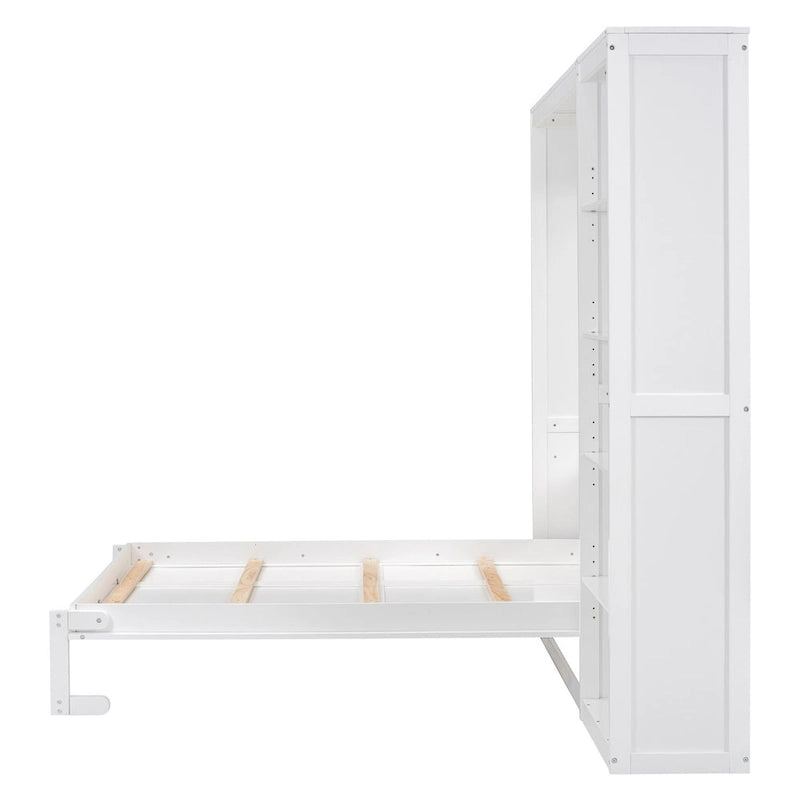 Cama de pared Murphy blanca/gris con estantes, matrimonial/queen, capacidad para 1