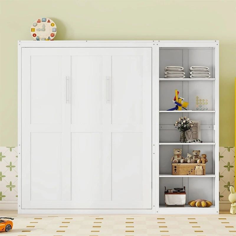 Cama de pared Murphy blanca/gris con estantes, matrimonial/queen, capacidad para 1