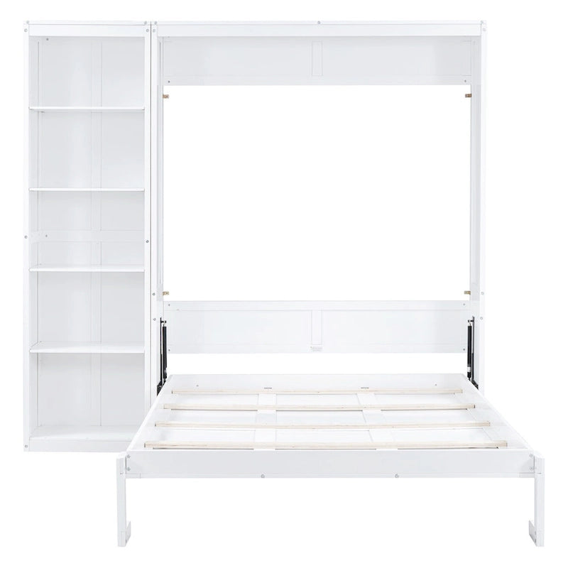 Cama de pared Murphy blanca/gris con estantes, matrimonial/queen, capacidad para 1