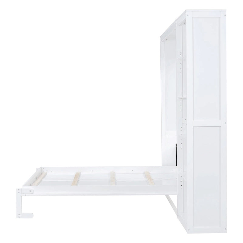 Cama de pared Murphy blanca/gris con estantes, matrimonial/queen, capacidad para 1