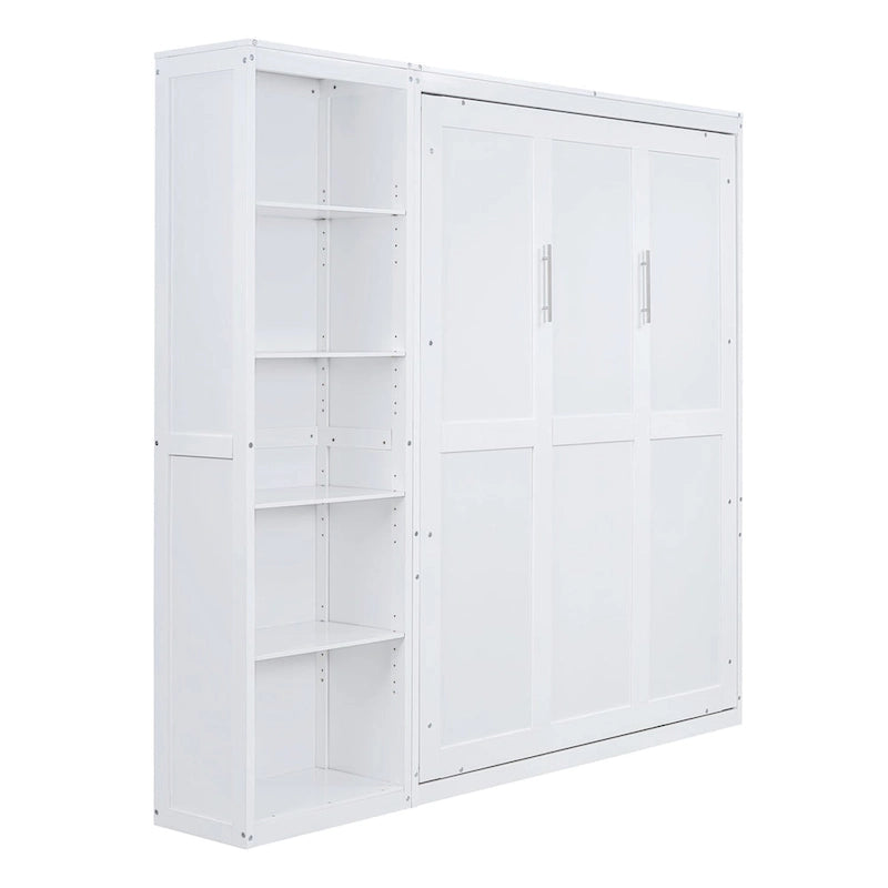 Cama de pared Murphy blanca/gris con estantes, matrimonial/queen, capacidad para 1