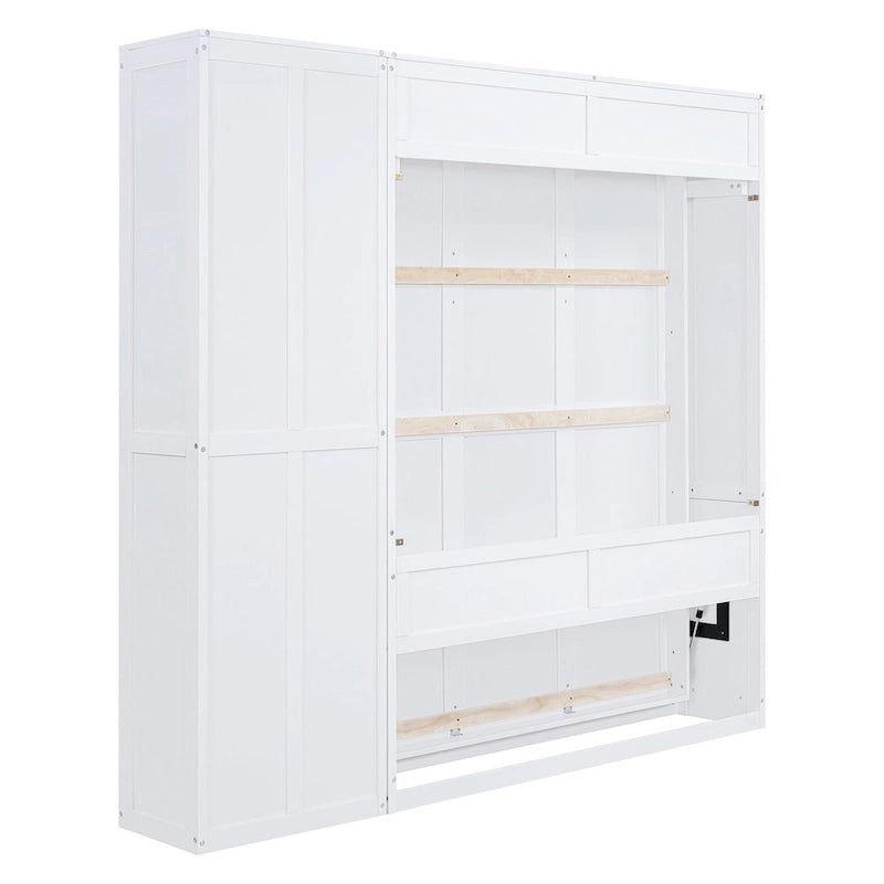 Cama de pared Murphy blanca/gris con estantes, matrimonial/queen, capacidad para 1