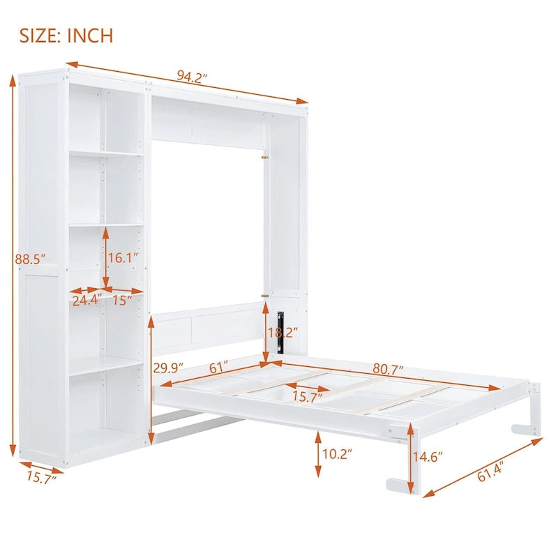 Cama de pared Murphy blanca/gris con estantes, matrimonial/queen, capacidad para 1