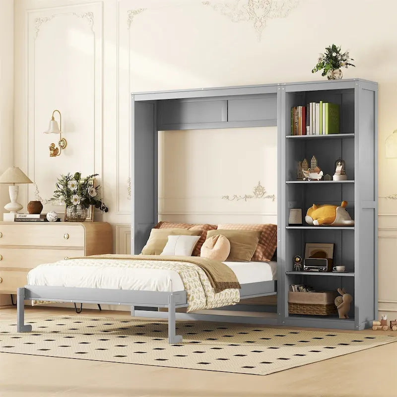 Cama de pared Murphy blanca/gris con estantes, matrimonial/queen, capacidad para 1