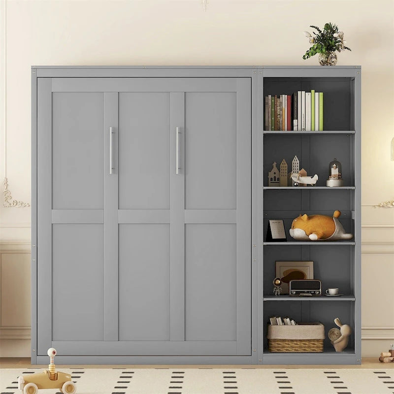 Cama de pared Murphy blanca/gris con estantes, matrimonial/queen, capacidad para 1