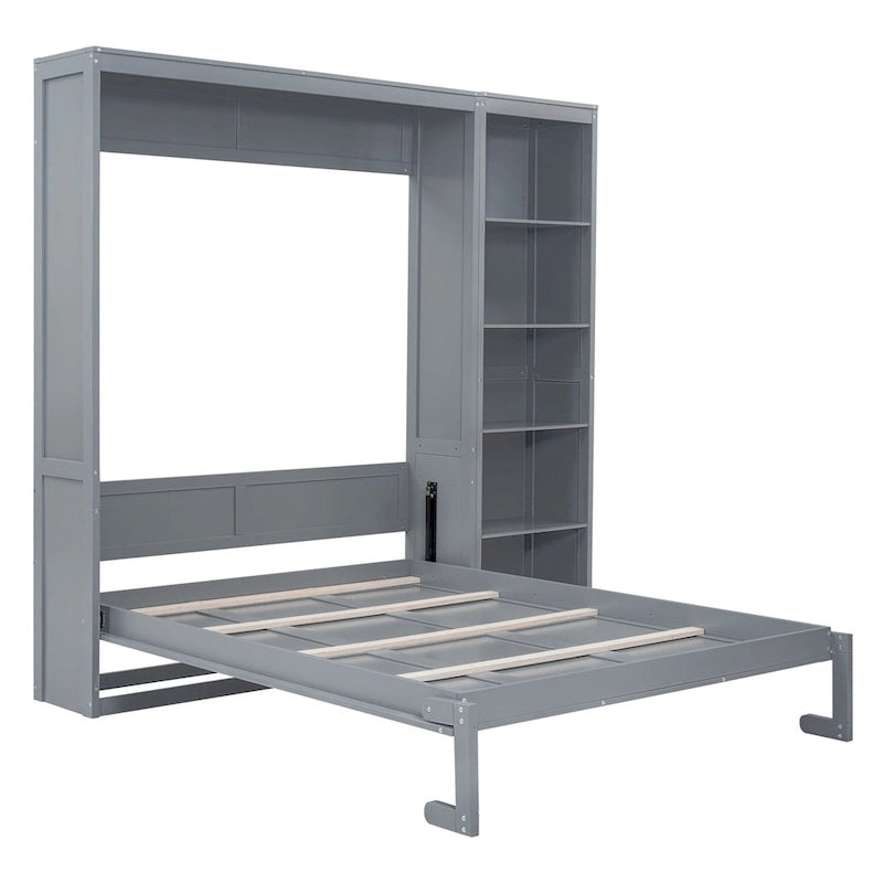 Cama de pared Murphy blanca/gris con estantes, matrimonial/queen, capacidad para 1