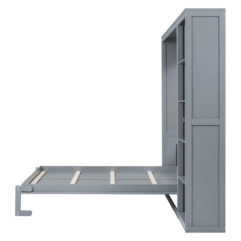 Cama de pared Murphy blanca/gris con estantes, matrimonial/queen, capacidad para 1