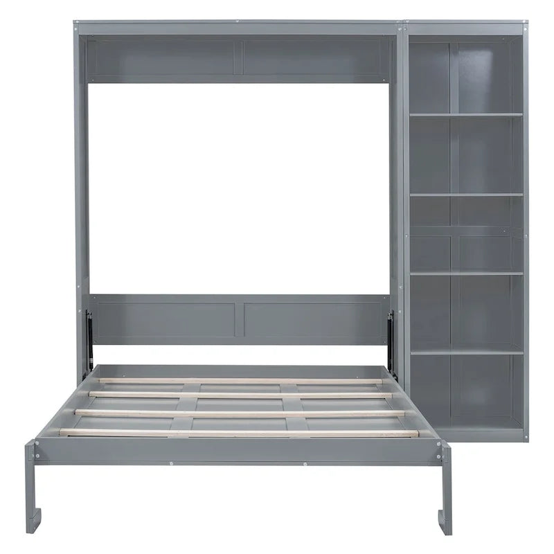 Cama de pared Murphy blanca/gris con estantes, matrimonial/queen, capacidad para 1