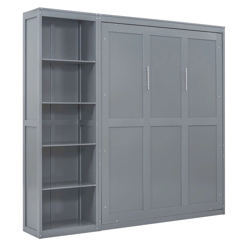 Cama de pared Murphy blanca/gris con estantes, matrimonial/queen, capacidad para 1