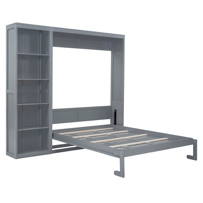 Cama de pared Murphy blanca/gris con estantes, matrimonial/queen, capacidad para 1
