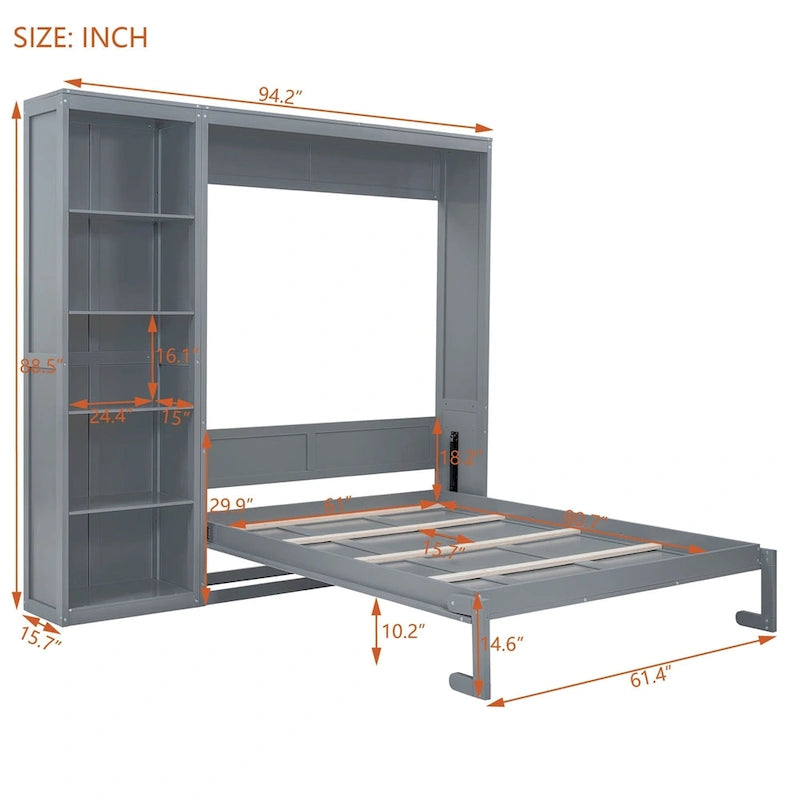 Cama de pared Murphy blanca/gris con estantes, matrimonial/queen, capacidad para 1