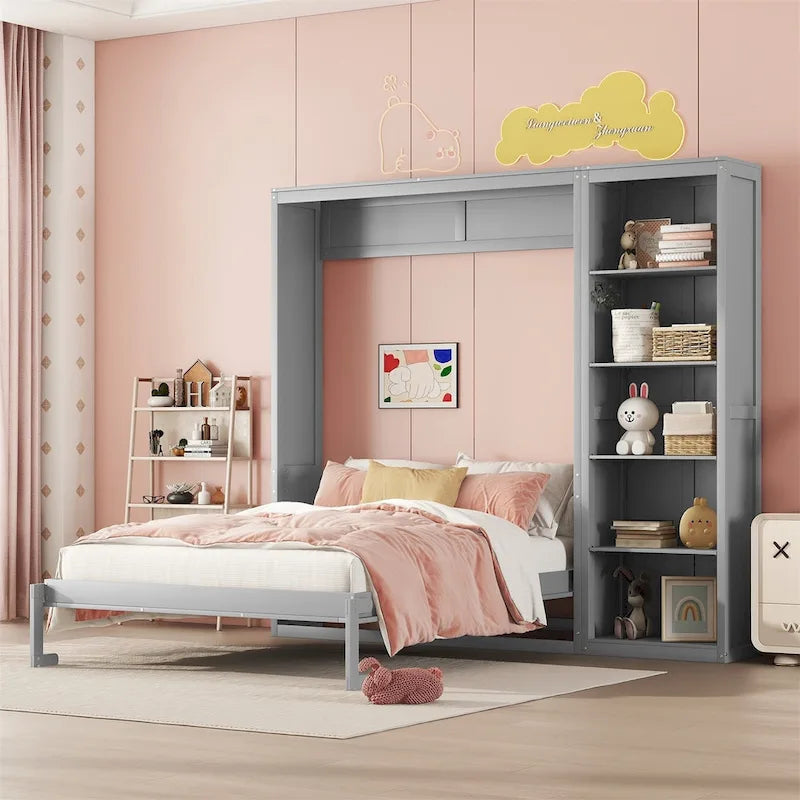 Cama de pared Murphy blanca/gris con estantes, matrimonial/queen, capacidad para 1