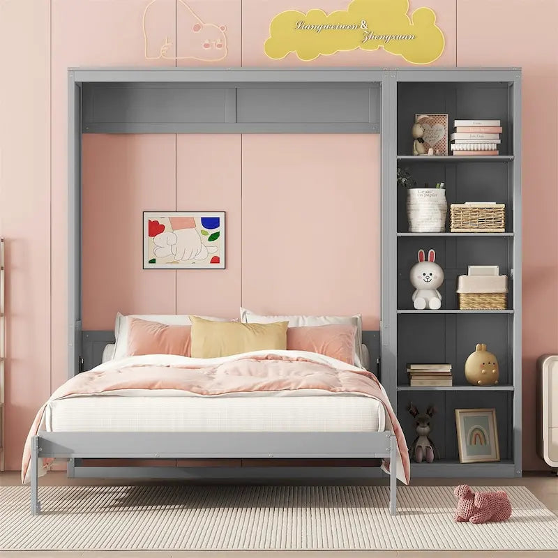 Cama de pared Murphy blanca/gris con estantes, matrimonial/queen, capacidad para 1
