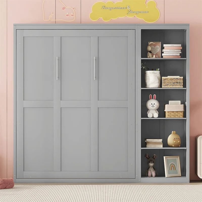 Cama de pared Murphy blanca/gris con estantes, matrimonial/queen, capacidad para 1