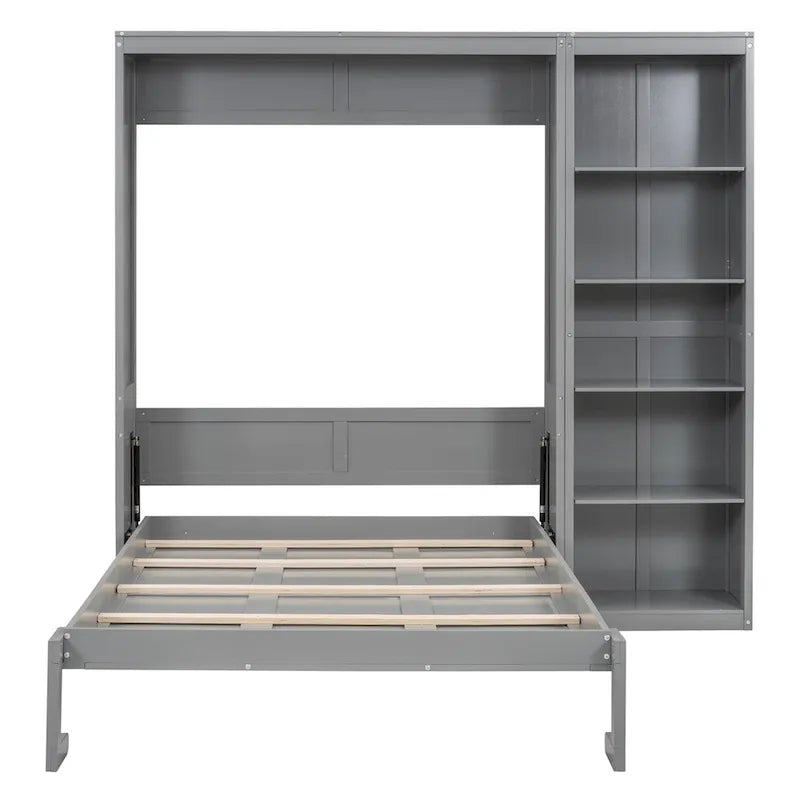 Cama de pared Murphy blanca/gris con estantes, matrimonial/queen, capacidad para 1