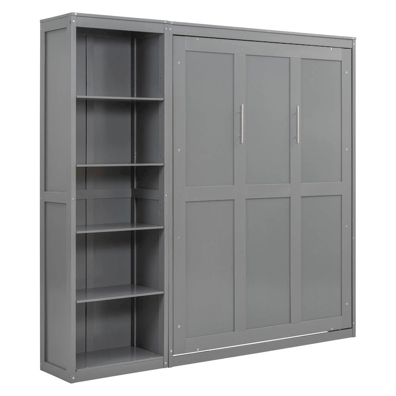 Cama de pared Murphy blanca/gris con estantes, matrimonial/queen, capacidad para 1