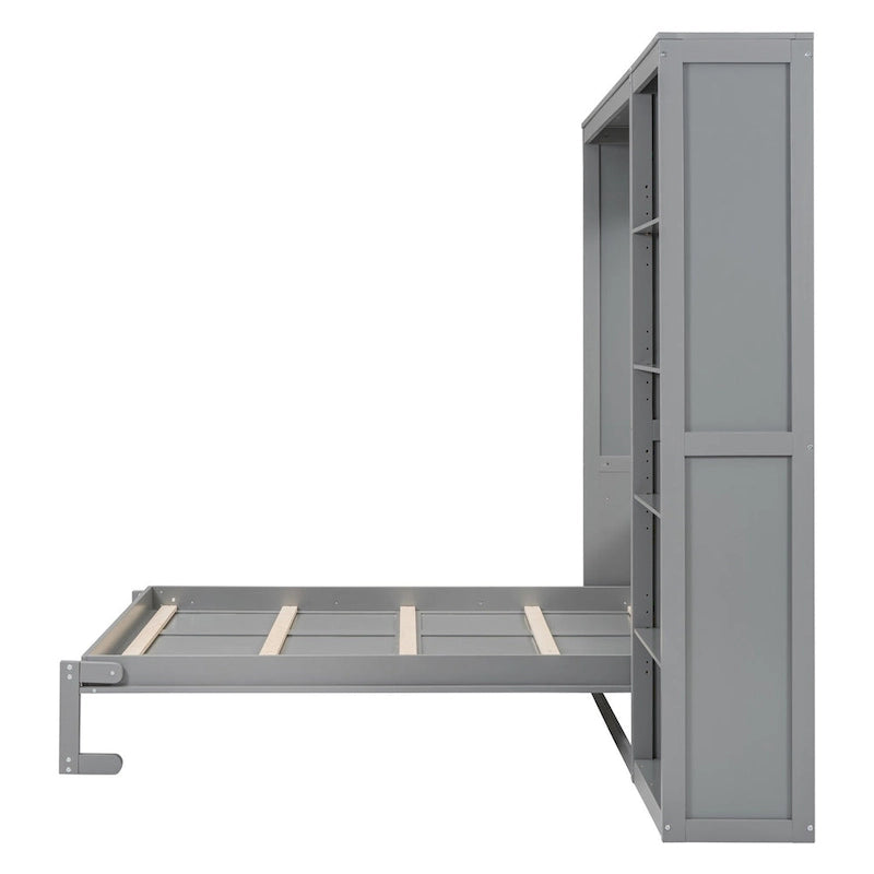 Cama de pared Murphy blanca/gris con estantes, matrimonial/queen, capacidad para 1