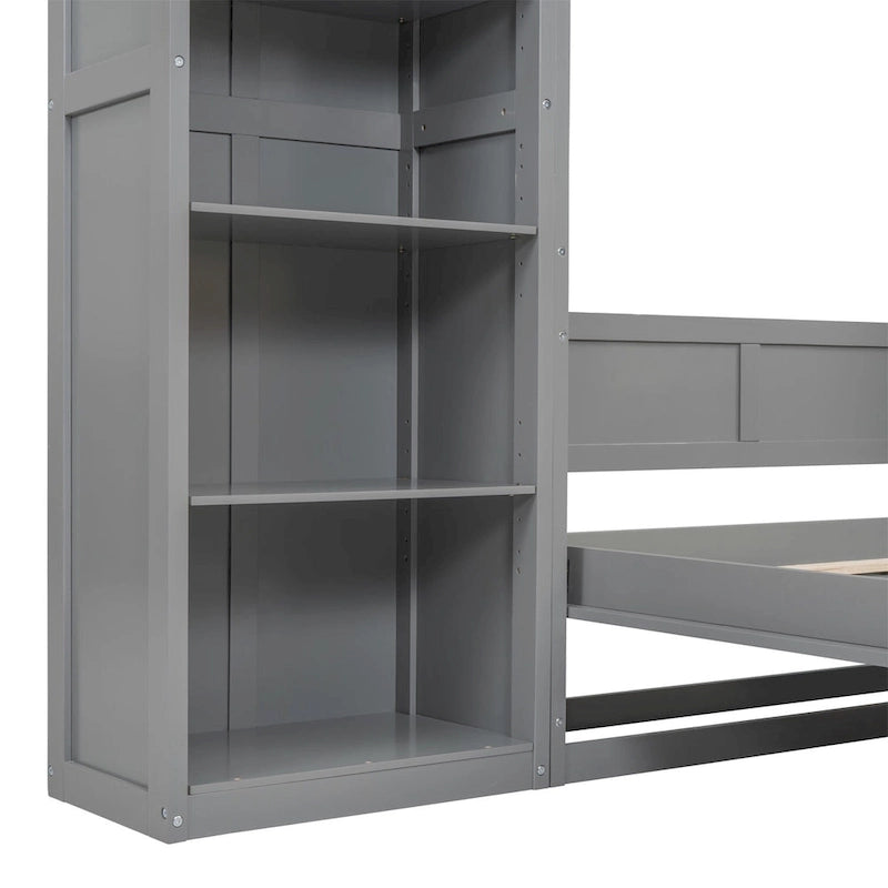 Cama de pared Murphy blanca/gris con estantes, matrimonial/queen, capacidad para 1
