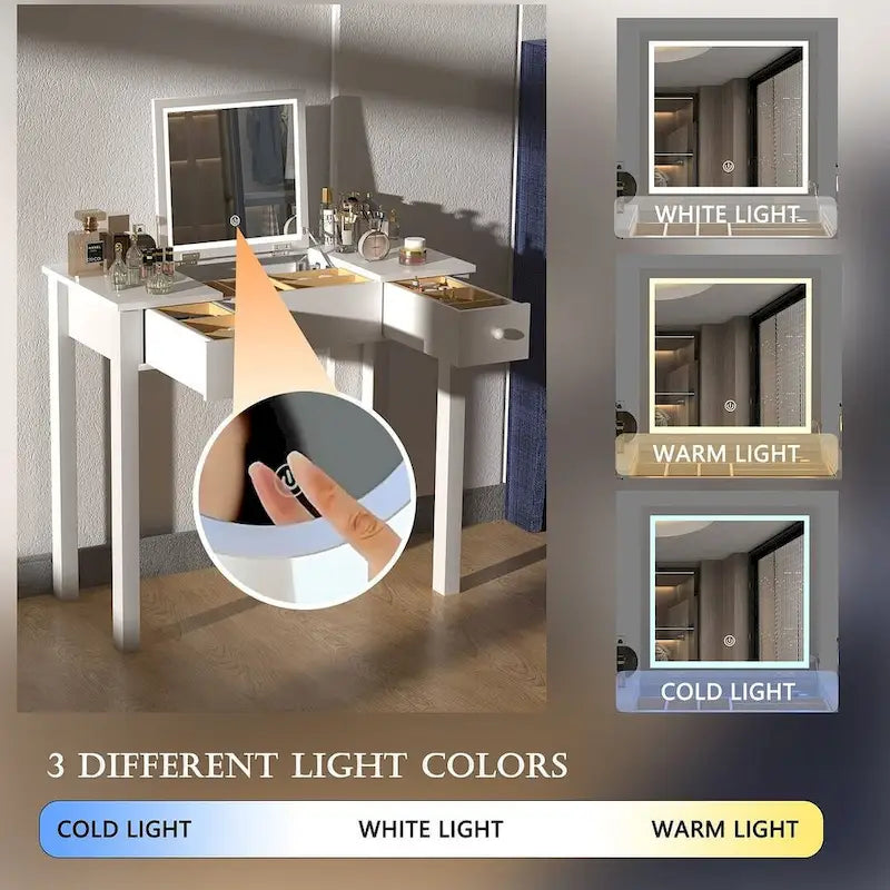 Tocador de maquillaje con espejo abatible (gris/blanco) y luces LED, para 1 persona