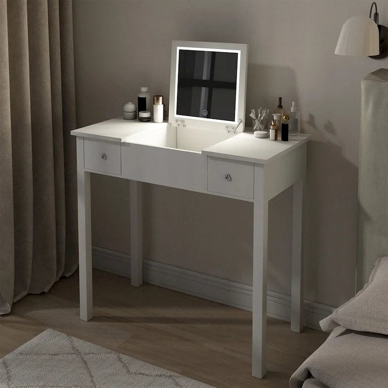 Tocador de maquillaje con espejo abatible (gris/blanco) y luces LED, para 1 persona
