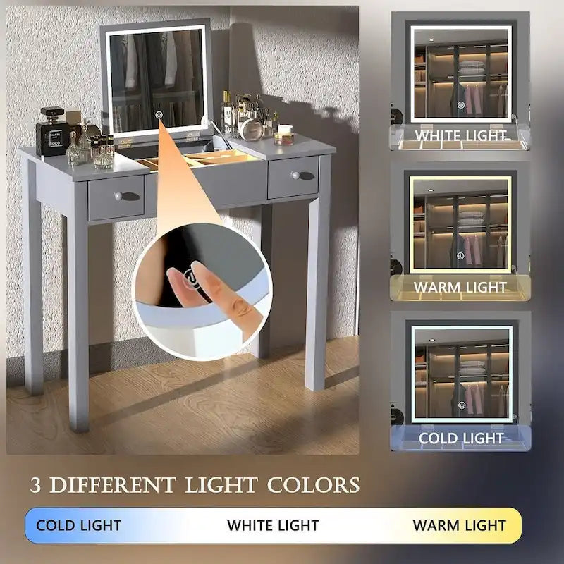 Tocador de maquillaje con espejo abatible (gris/blanco) y luces LED, para 1 persona