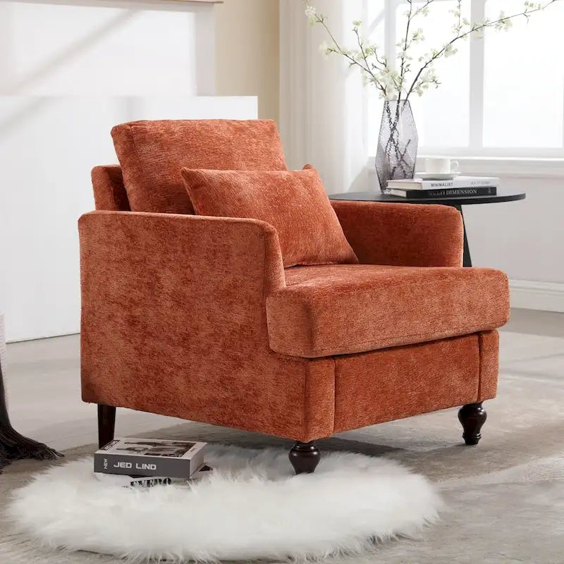 Sillón Decorativo de Chenilla, Asiento Individual, Estilo de Mediados de Siglo – Negro / Naranja Oscuro / Gris / Beige / Rojo Vino / Esmeralda