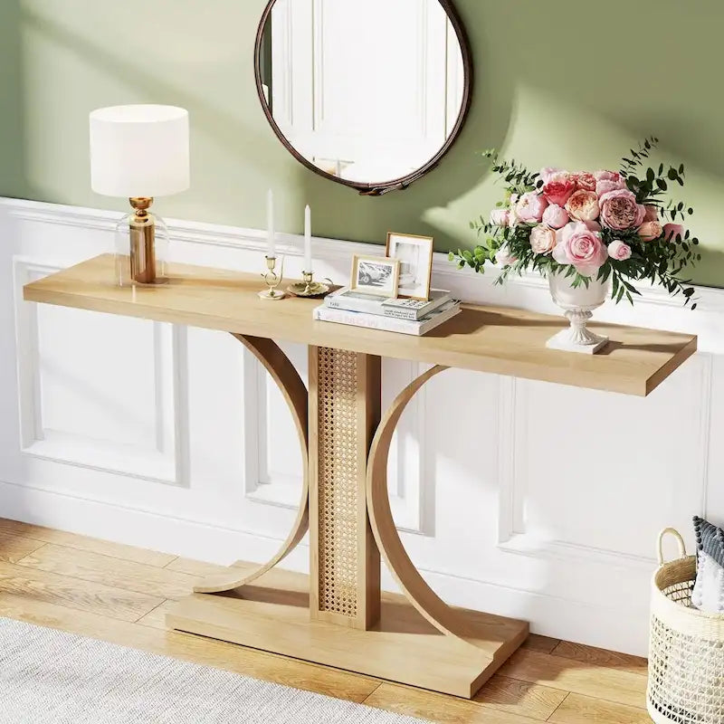 Mesa Consola de Ratán Natural, Cubierta de Madera, 139,7 cm de Ancho, Mesa de Entrada/Recibidor para 1 Persona