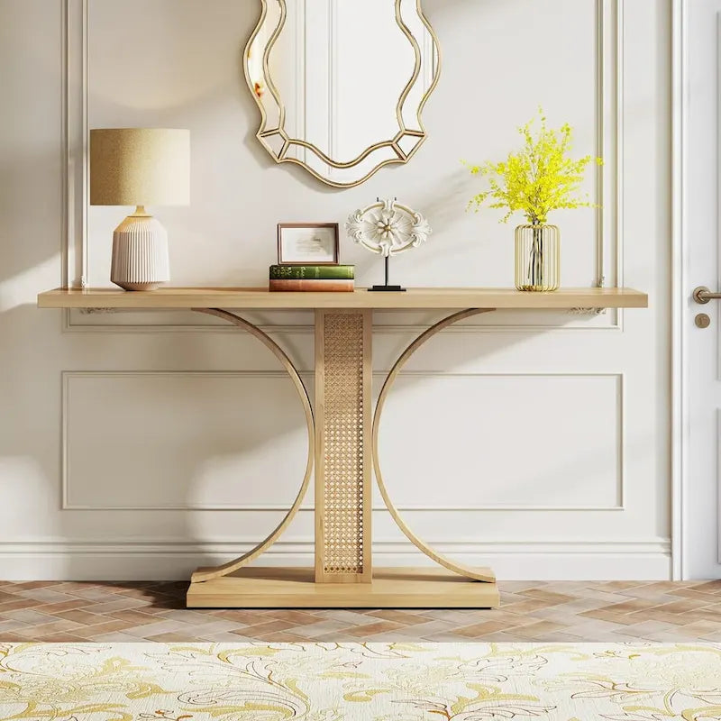 Mesa Consola de Ratán Natural, Cubierta de Madera, 139,7 cm de Ancho, Mesa de Entrada/Recibidor para 1 Persona