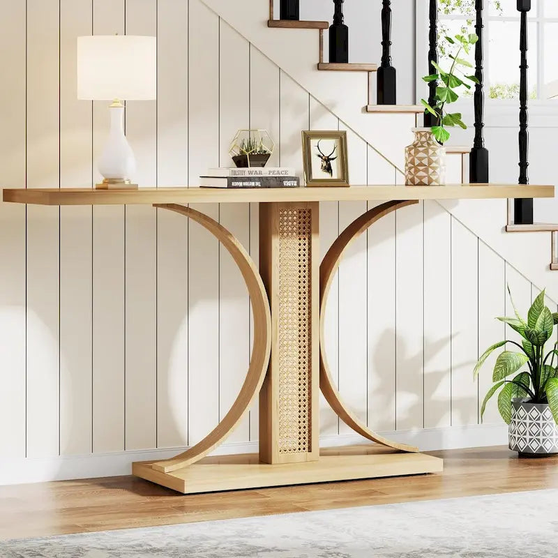 Mesa Consola de Ratán Natural, Cubierta de Madera, 139,7 cm de Ancho, Mesa de Entrada/Recibidor para 1 Persona