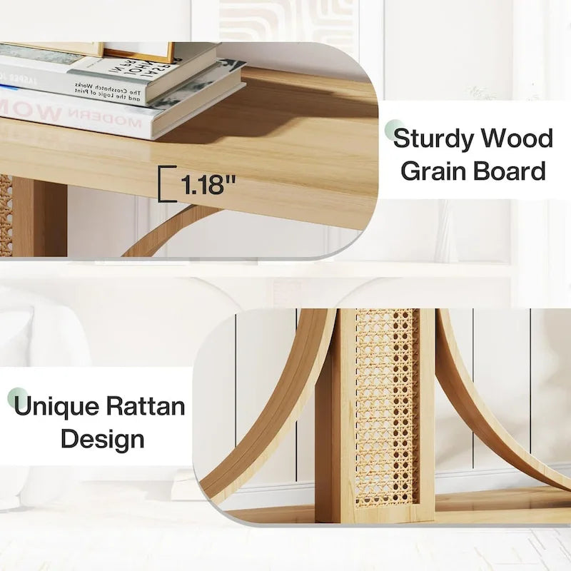 Mesa Consola de Ratán Natural, Cubierta de Madera, 139,7 cm de Ancho, Mesa de Entrada/Recibidor para 1 Persona