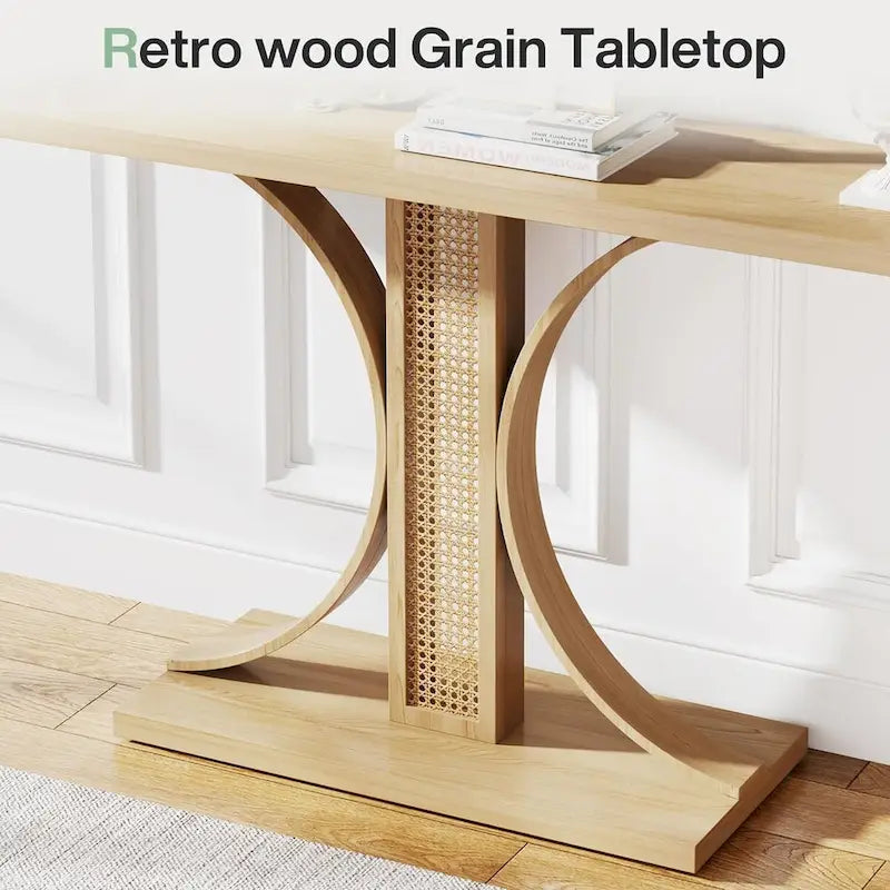 Mesa Consola de Ratán Natural, Cubierta de Madera, 139,7 cm de Ancho, Mesa de Entrada/Recibidor para 1 Persona