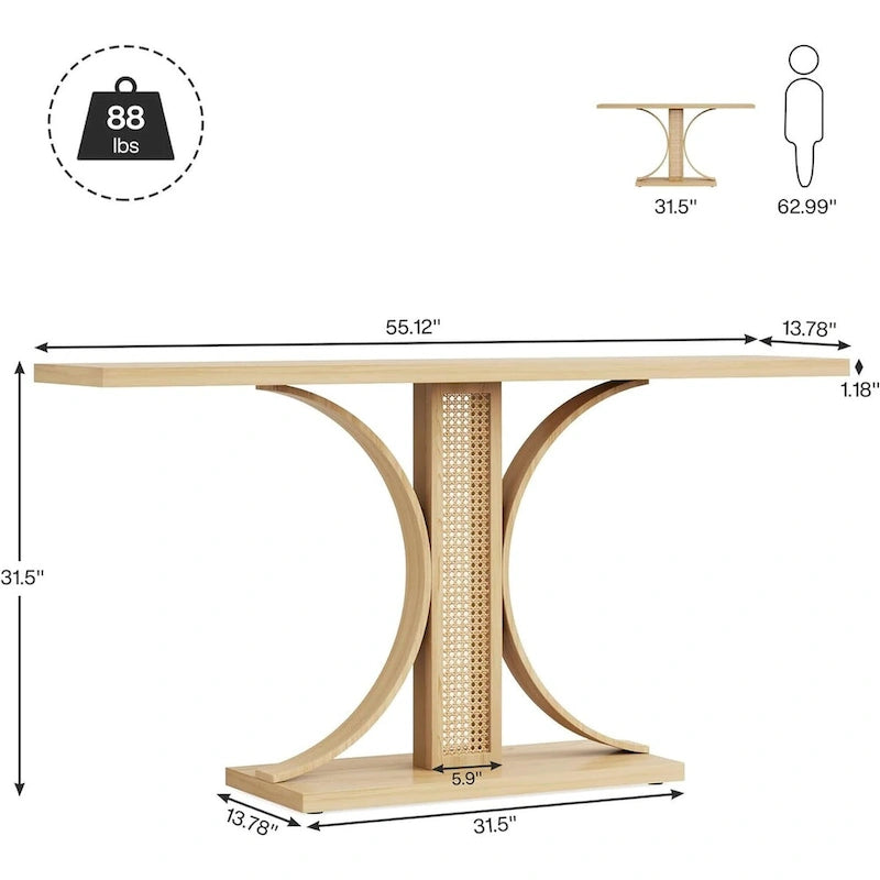 Mesa Consola de Ratán Natural, Cubierta de Madera, 139,7 cm de Ancho, Mesa de Entrada/Recibidor para 1 Persona