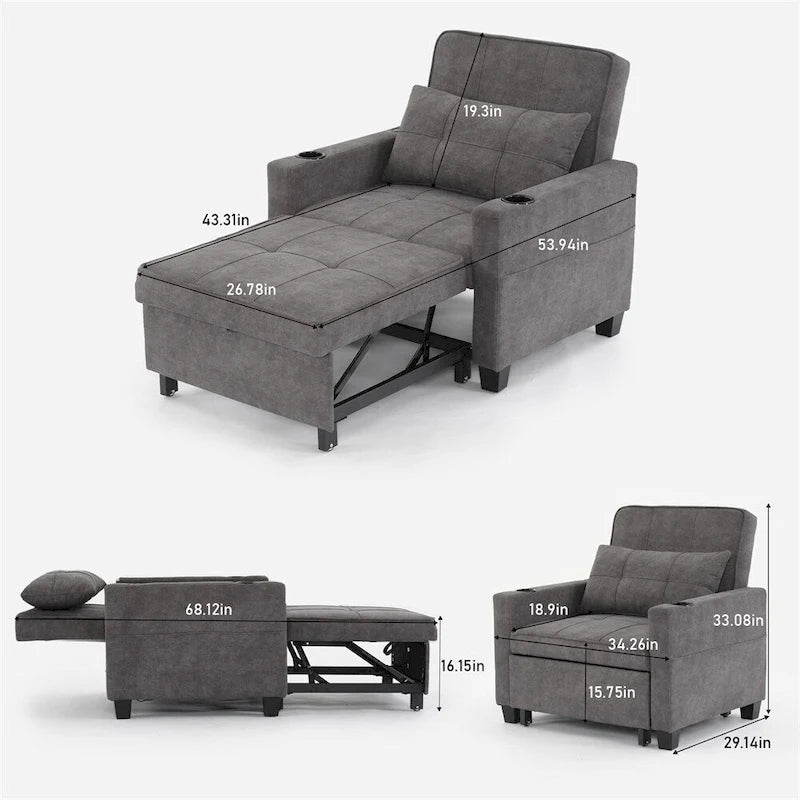 Sillón futón convertible 3 en 1 verde / gris oscuro / gris claro, individual
