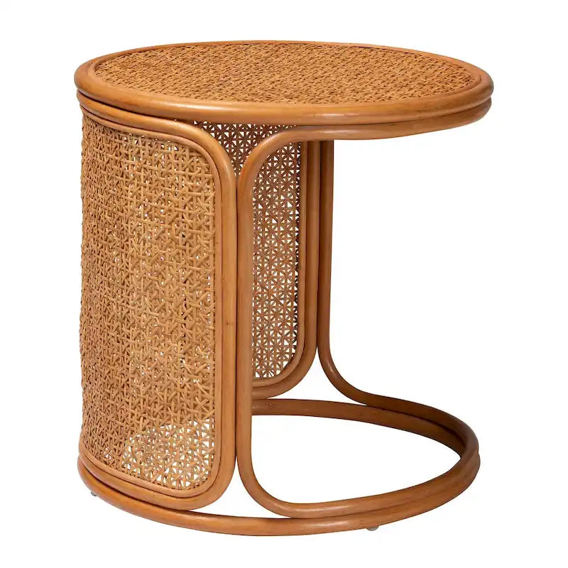 Mesa auxiliar redonda de ratán, color miel claro, estilo bohemio, para 1 persona