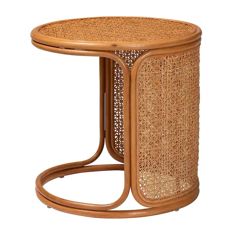 Mesa auxiliar redonda de ratán, color miel claro, estilo bohemio, para 1 persona