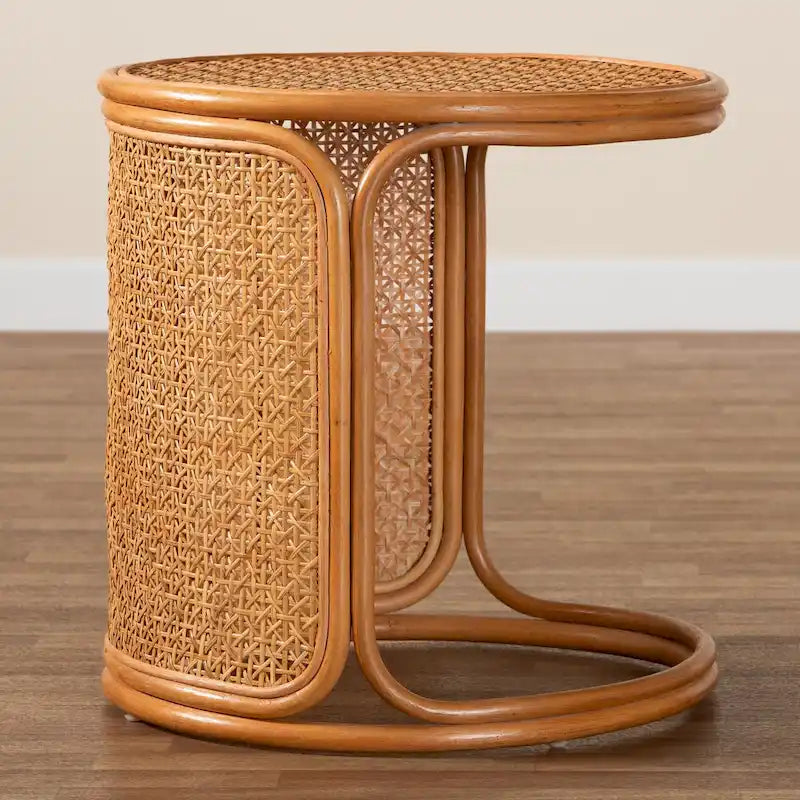 Mesa auxiliar redonda de ratán, color miel claro, estilo bohemio, para 1 persona