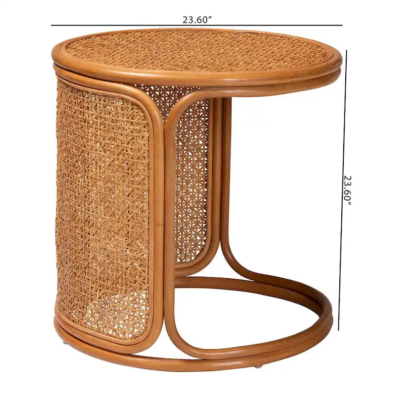 Mesa auxiliar redonda de ratán, color miel claro, estilo bohemio, para 1 persona