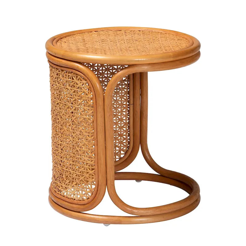 Mesa auxiliar redonda de ratán, color miel claro, estilo bohemio, para 1 persona