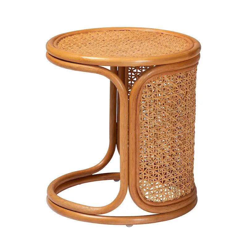 Mesa auxiliar redonda de ratán, color miel claro, estilo bohemio, para 1 persona