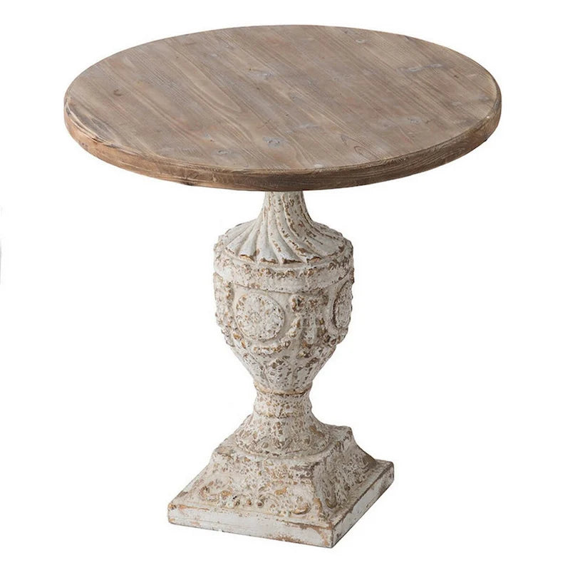 Mesa auxiliar redonda marrón y blanca, base de pedestal con urna, 1 pieza