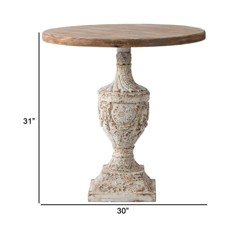 Mesa auxiliar redonda marrón y blanca, base de pedestal con urna, 1 pieza