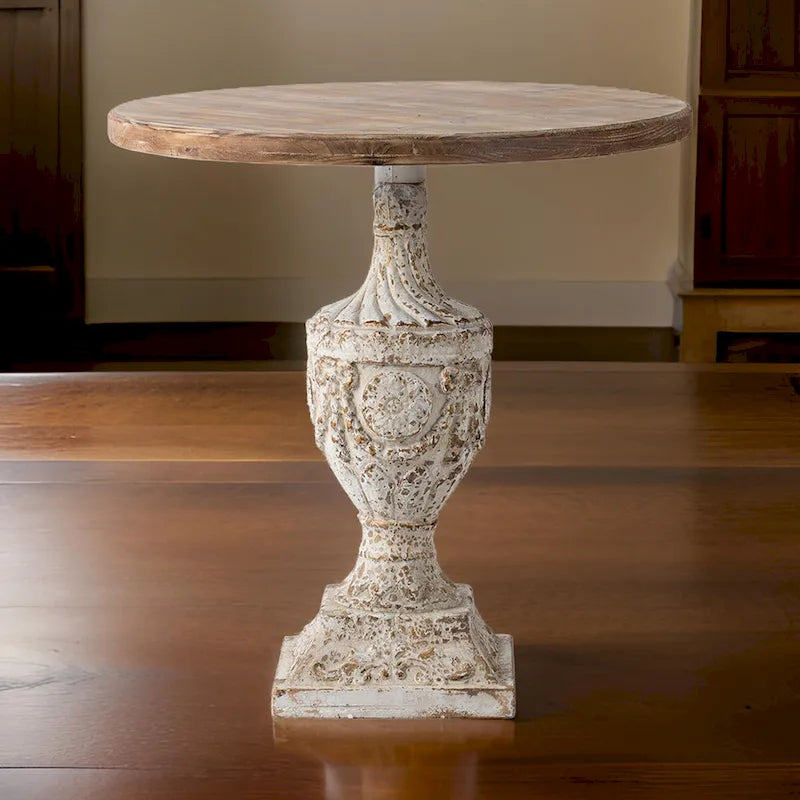 Mesa auxiliar redonda marrón y blanca, base de pedestal con urna, 1 pieza