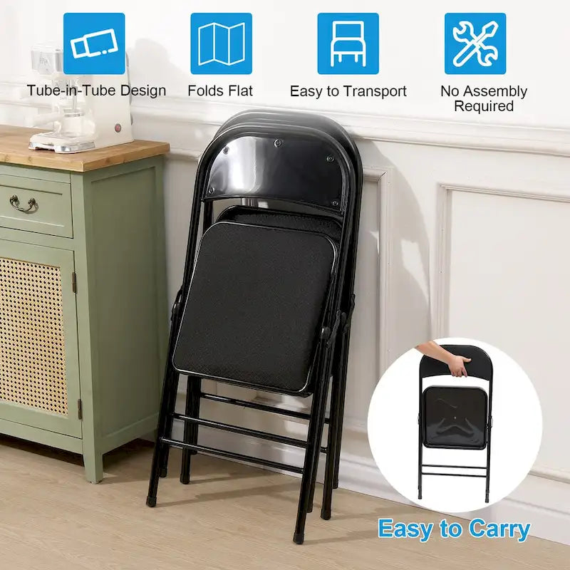 Silla plegable acolchada de tela gris, estructura metálica, juego de 4 o 6
