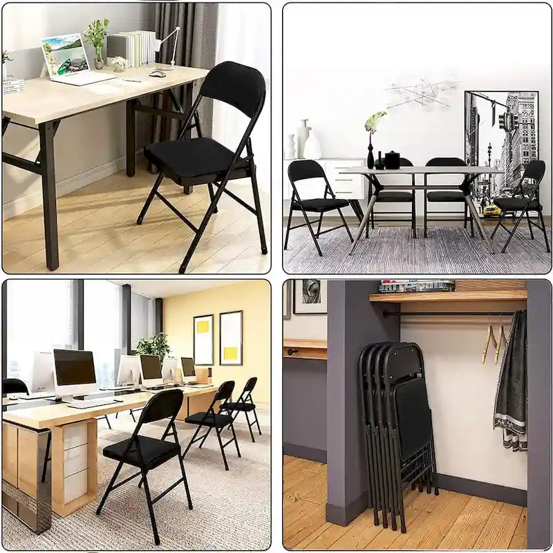 Silla plegable acolchada de tela gris, estructura metálica, juego de 4 o 6