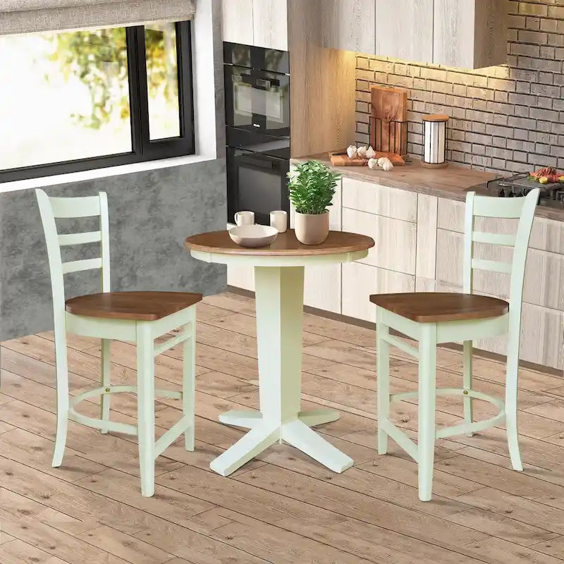 Juego de comedor para 2 personas con mesa a la altura de la encimera – Madera maciza, tablero redondo de 76 cm