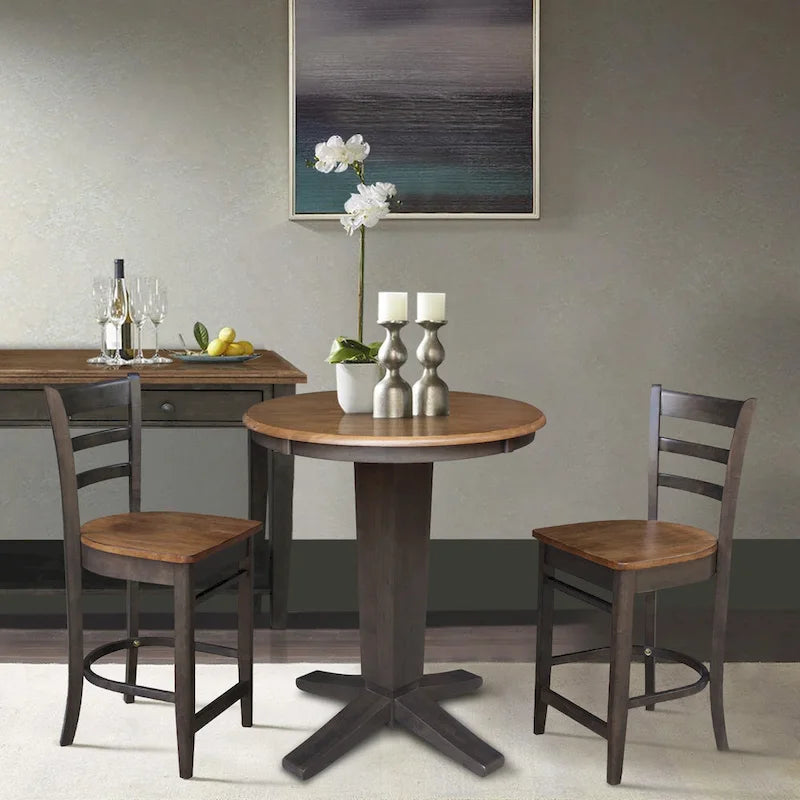Juego de comedor para 2 personas con mesa a la altura de la encimera – Madera maciza, tablero redondo de 76 cm