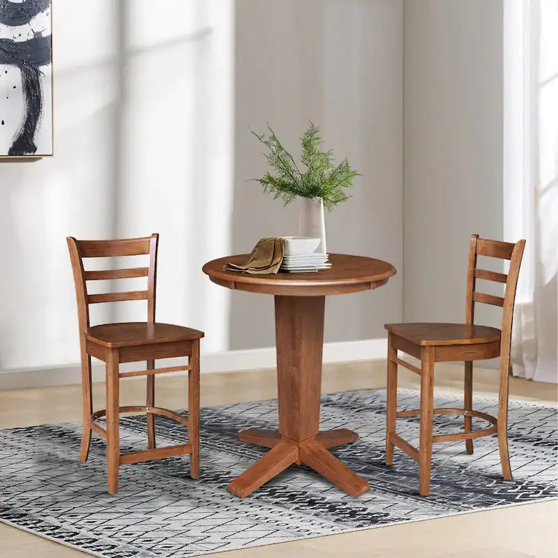 Juego de comedor para 2 personas con mesa a la altura de la encimera – Madera maciza, tablero redondo de 76 cm