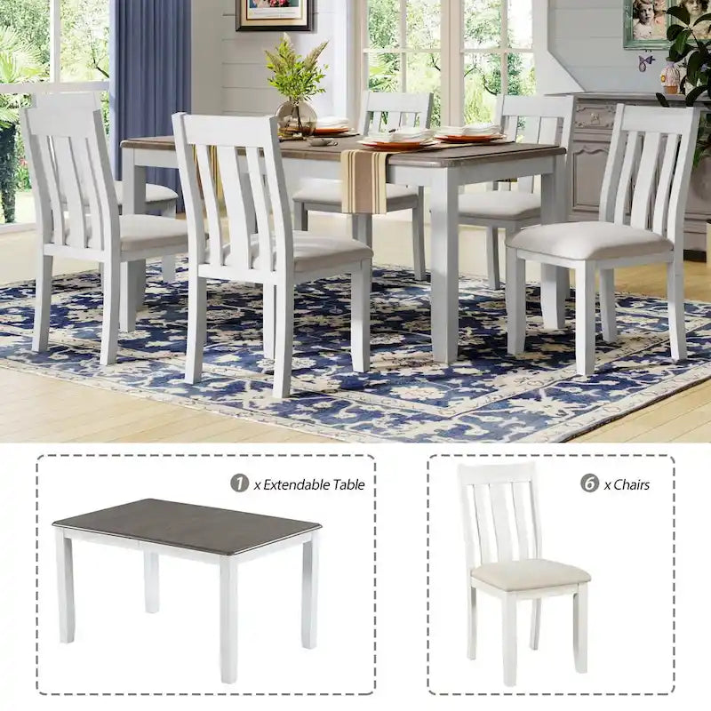 Juego de mesa de comedor extensible marrón/blanco y marrón antiguo/blanco+gris, con capacidad para 8 personas, 7 piezas