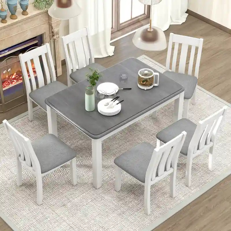Juego de mesa de comedor extensible marrón/blanco y marrón antiguo/blanco+gris, con capacidad para 8 personas, 7 piezas