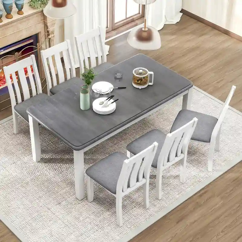 Juego de mesa de comedor extensible marrón/blanco y marrón antiguo/blanco+gris, con capacidad para 8 personas, 7 piezas